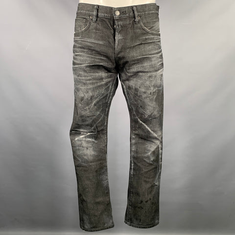 Marque : FABRIC BRAND & Co. Jean en denim selvedge noir, taille 34, braguette boutonnée