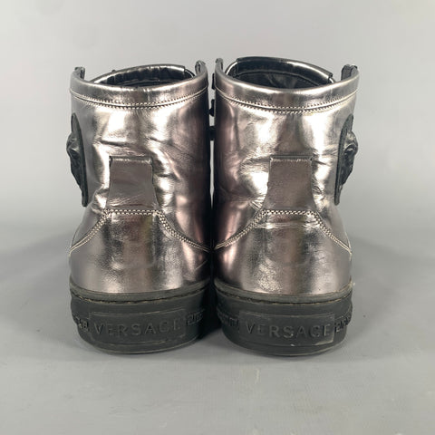 VERSACE Size 8 Silver Black Metallic Leather High Top Sneakers