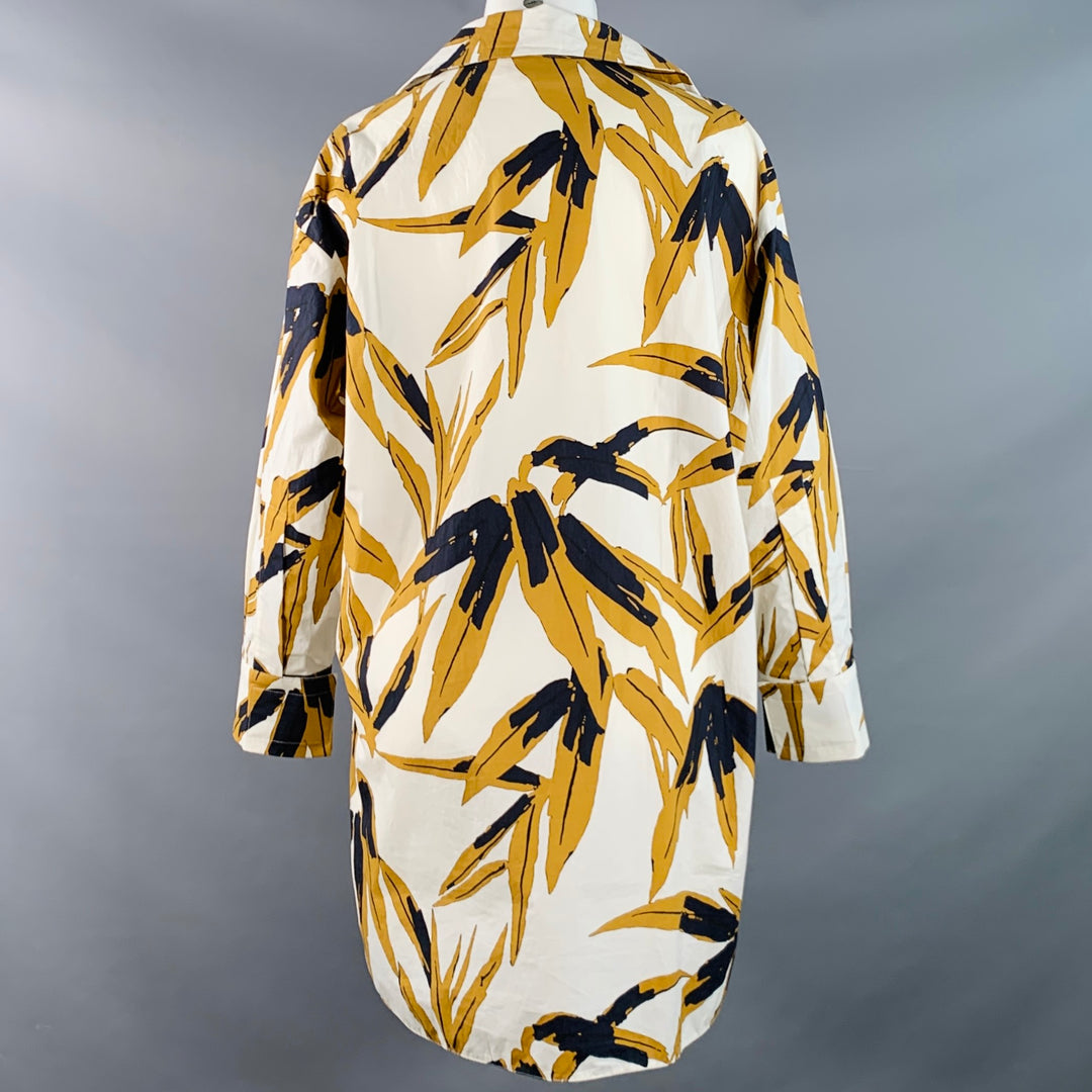 MARNI Size 2 White Mustard Cotton Tropical Leaves Half Placket Pullover