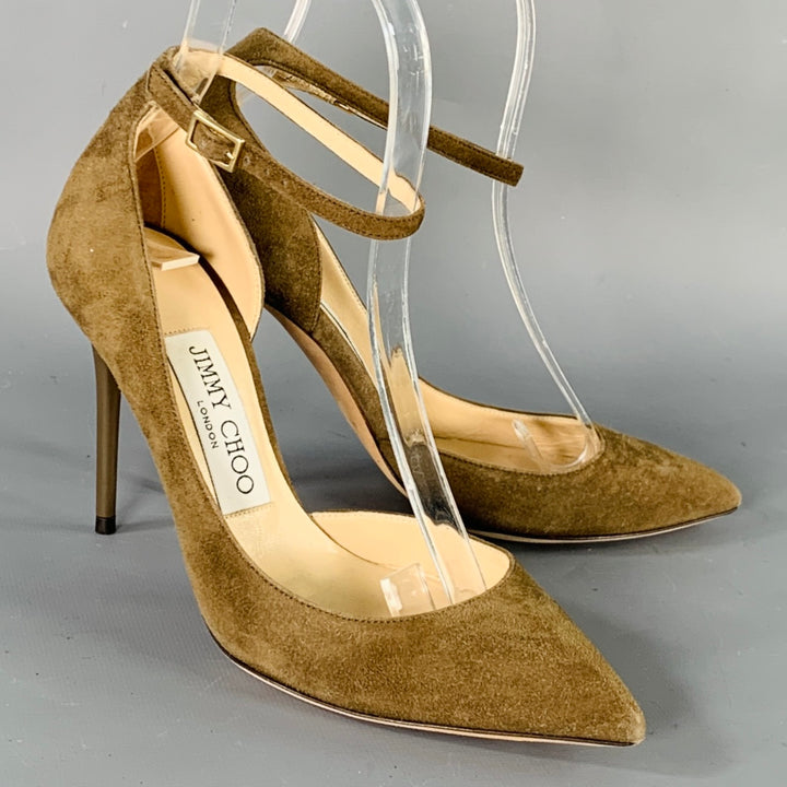 JIMMY CHOO Size 4.5 Brown Taupe Suede Ankle Strap D'Orsay Pumps