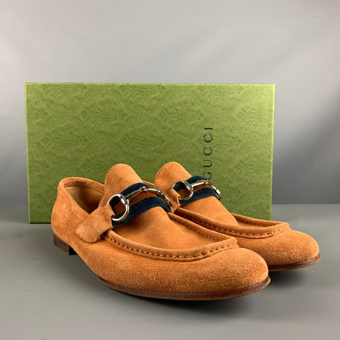 GUCCI Size 9 Tan Textured Suede Horsebit Loafers