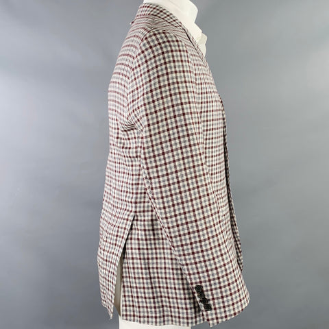 BLACK FLEECE Size 40 Grey Burgundy Plaid Wool Silk Linen Sport Coat