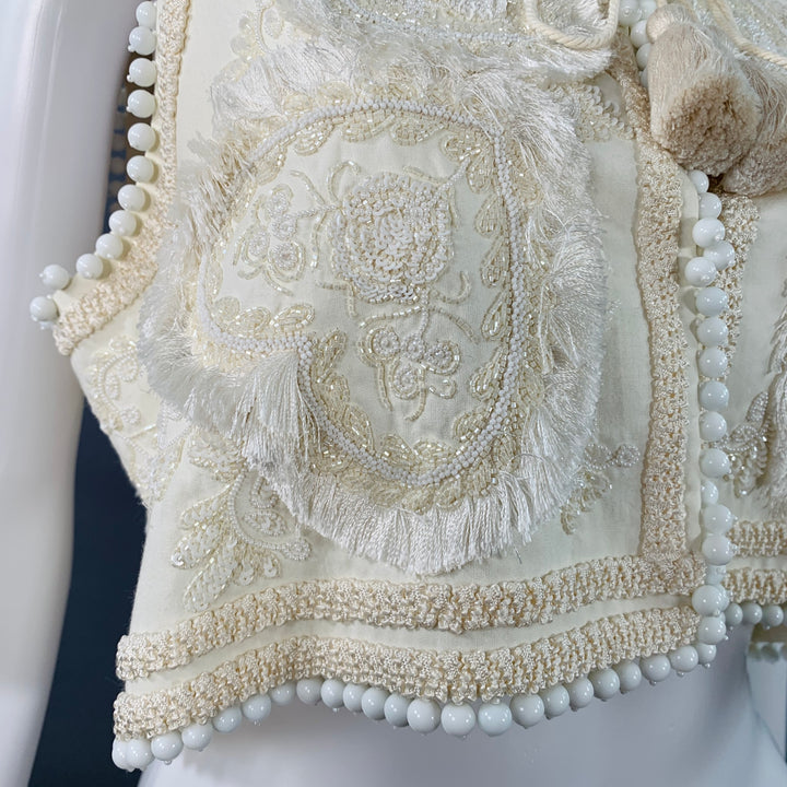 FIGUE Size S Cream Cotton Embellished Beaded Fringe Cap Sleeve Vest