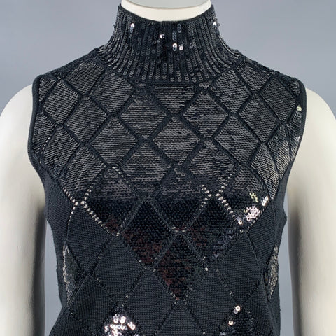 EMPORIO ARMANI Size L Black Virgin Wool Sequined Sleeveless Dress Top