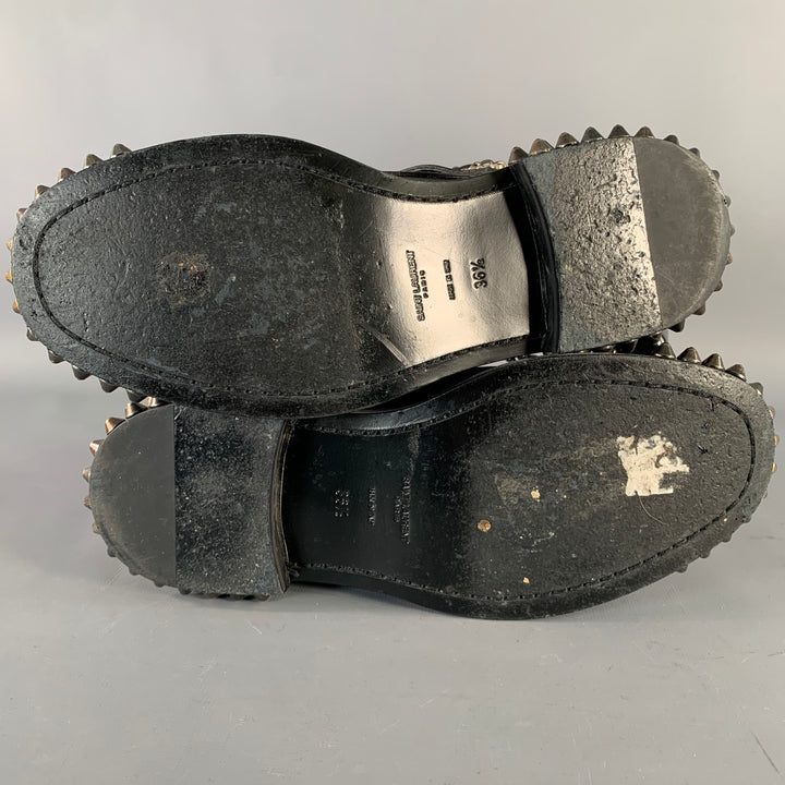 SAINT LAURENT Size 6.5 Black Studded Leather Lace-Up Belted Boots