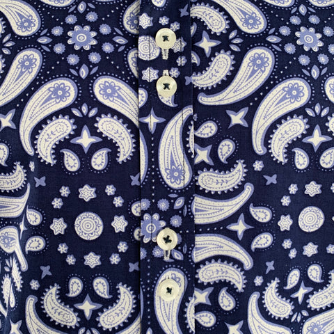COOGI Size L Navy White Paisley Cotton Button Up Long Sleeve Shirt