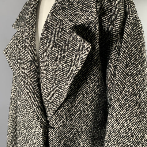RONNY KOBO Size L Black White Polyester Wool Herringbone Double Breasted Coat