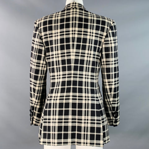 GIANFRANCO FERRE Vintage Size M Black White Wool Silk Plaid Double Breasted Jacket Blazer