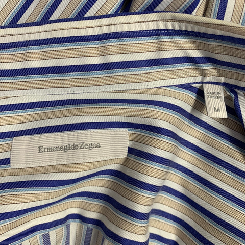 ERMENEGILDO ZEGNA Size M Blue Taupe Stripe Cotton Long Sleeve Shirt