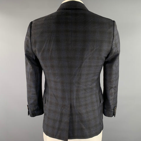 GUCCI Size 42 Grey Blue Ombre Plaid Wool Blend Peak Lapel Sport Coat