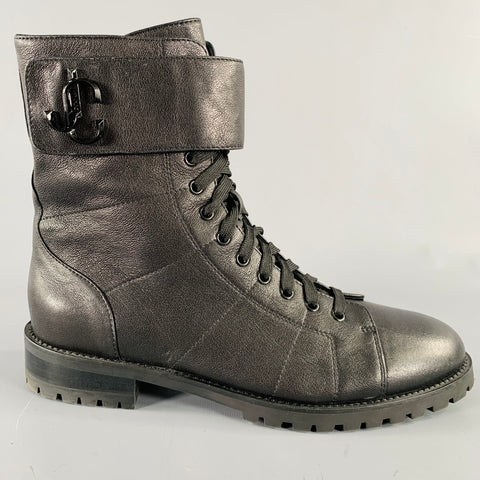 JIMMY CHOO Size 10 Black Leather Zip Lace-Up Boots
