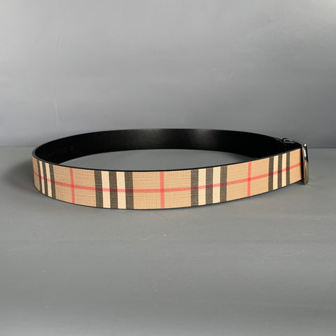 Ceinture en Cuir Motif Écossais Argent et Beige BURBERRY Taille 40