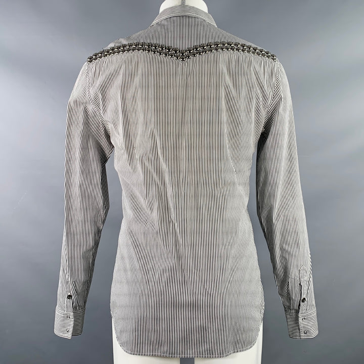 PIERRE BALMAIN Size M Silver Black White Stripe Studded Cotton Long Sleeve Shirt