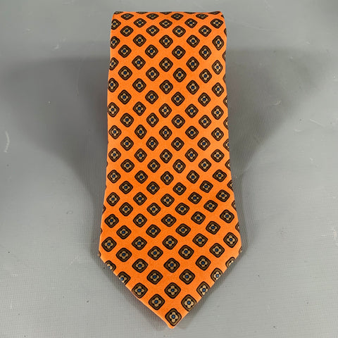 FACONNABLE Orange Brown Squares Silk Tie