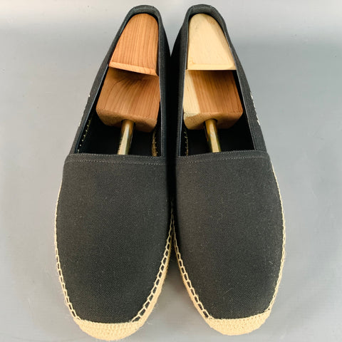 SAINT LAURENT Size 12 Black Natural Embroidered Logo Canvas Espadrille Sneakers