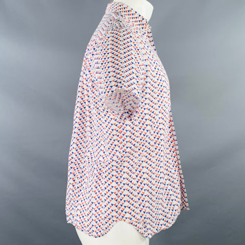 KARDO x SAFOMASI Taille S Blanc Rouge Bleu Géométrique Coton Une Poche Chemise Manches Courtes