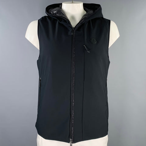 MONCLER Size L Black Polyamide Blend Softshell Hooded Zip Up Vest