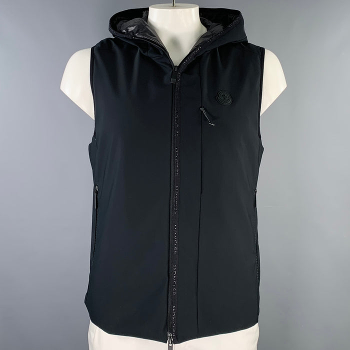 MONCLER Size L Black Polyamide Blend Softshell Hooded Zip Up Vest