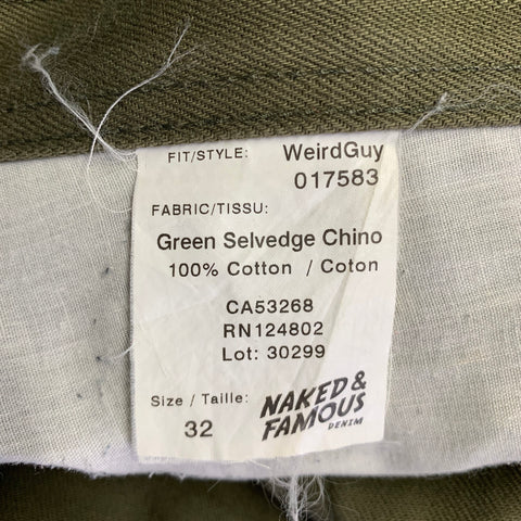 NAKED AND FAMOUS Size 32 Green Olive Cotton 5 pockets Jeans