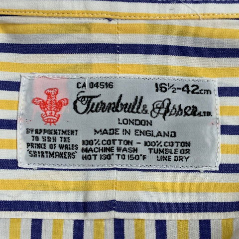 TURNBULL & ASSER Vintage Size L White Navy Yellow Stripe Cotton French Cuff Long Sleeve Shirt