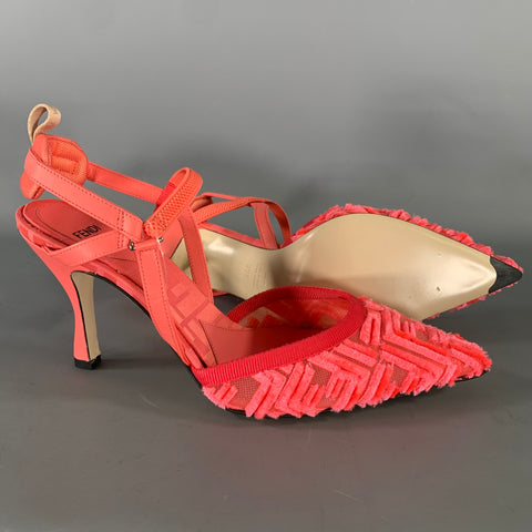 FENDI Size 9 Pink Neon Microfiber Monogram Calfskin Slingback Pumps