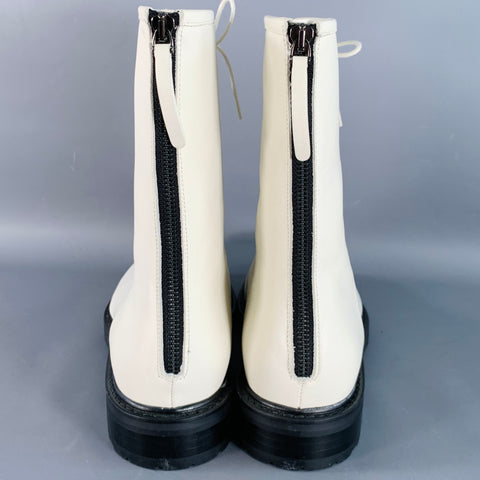 LEGRES Size 11 White Leathre Lace-Up Zipper Ankle Boots