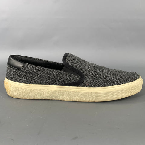 SAINT LAURENT Size 9 Grey Black Herringbone Wool Slip On Sneakers