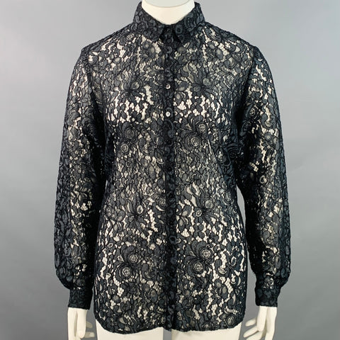 ANNE FONTAINE Size XL Selia Grey Black Polyamide Cotton Blend Lace Button Up Blouse