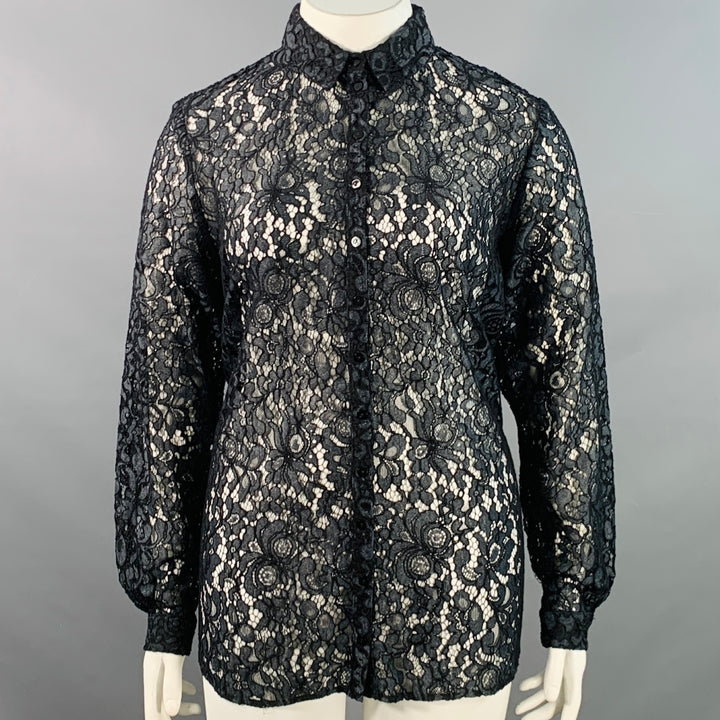 ANNE FONTAINE Size XL Selia Grey Black Polyamide Cotton Blend Lace Button Up Blouse