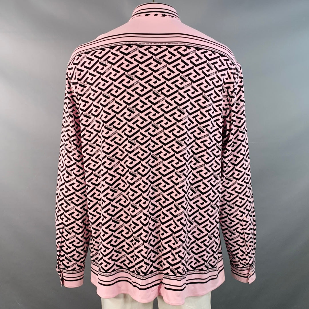 VERSACE Size 48 Pink Black Greca Viscose Point Collar Heritage Fit Long Sleeve Shirt