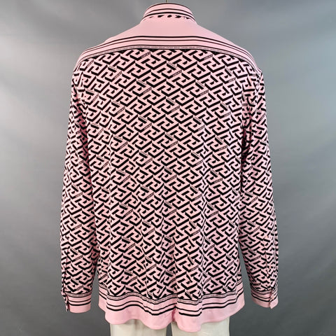 VERSACE Size 48 Pink Black Greca Viscose Point Collar Heritage Fit Long Sleeve Shirt
