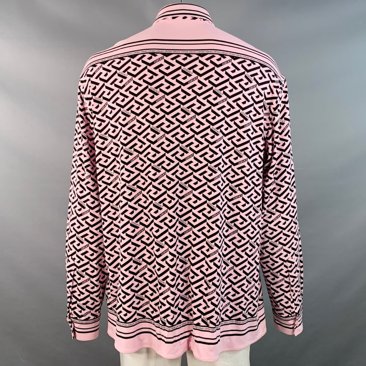 VERSACE Size 48 Pink Black Greca Viscose Point Collar Heritage Fit Long Sleeve Shirt