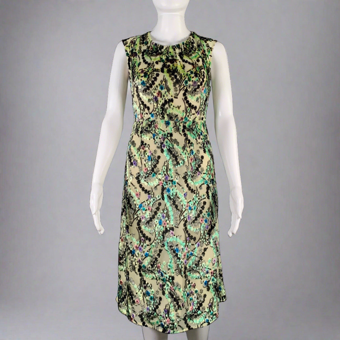 PRADA Size S Green Multi Color Abstract  Floral Sleeveless Cocktail Dress