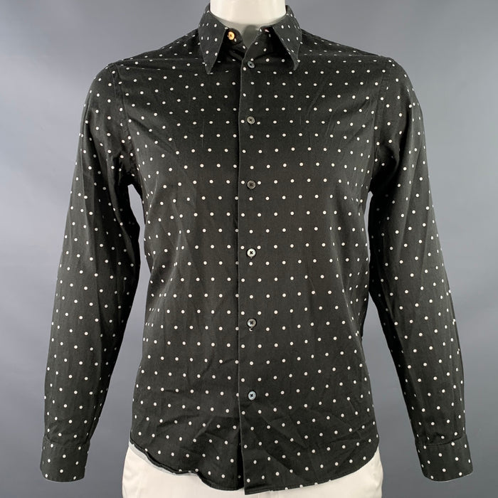 PAUL SMITH Size L Black White Polka Dot Point Collar Cotton Long Sleeve Shirt