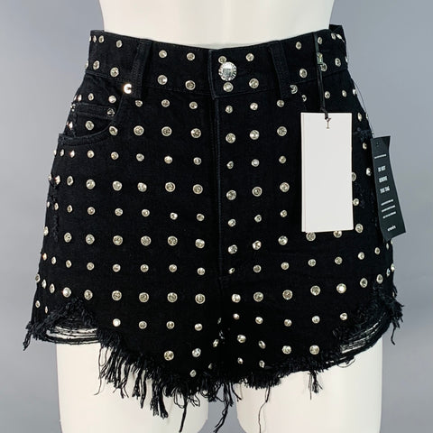 Shorts en mini jean noir RETROFETE taille XS, modèle Angel, orné de cristaux, effet usé, fermeture boutonnée