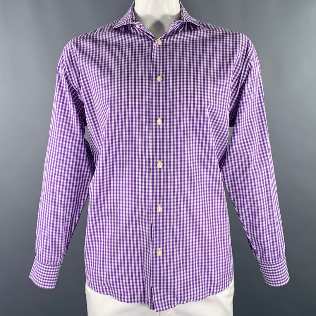 BURMA BIBAS Size XL Purple White Gingham Cotton Spread Collar Long Sleeve Shirt