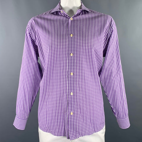 BURMA BIBAS Size XL Purple White Gingham Cotton Spread Collar Long Sleeve Shirt