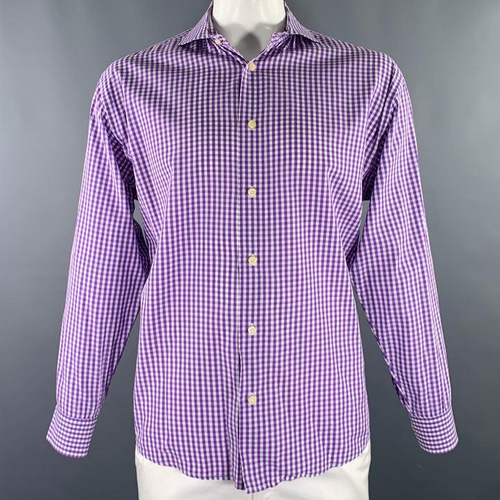 BURMA BIBAS Size XL Purple White Gingham Cotton Spread Collar Long Sleeve Shirt