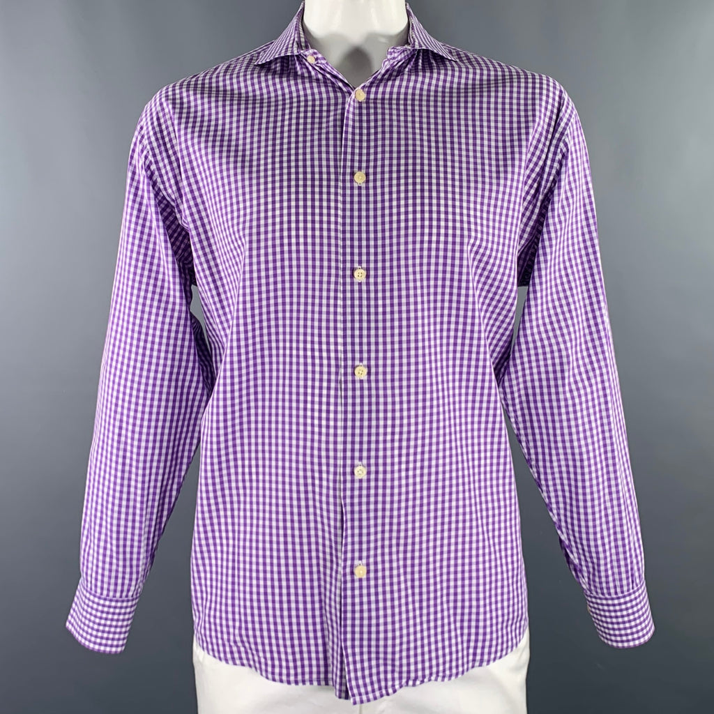 BURMA BIBAS Size XL Purple White Gingham Cotton Spread Collar Long Sleeve Shirt