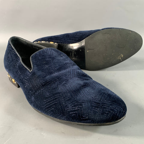 VERSACE Size 11 Navy Black Greca Velvet Loafer Loafers