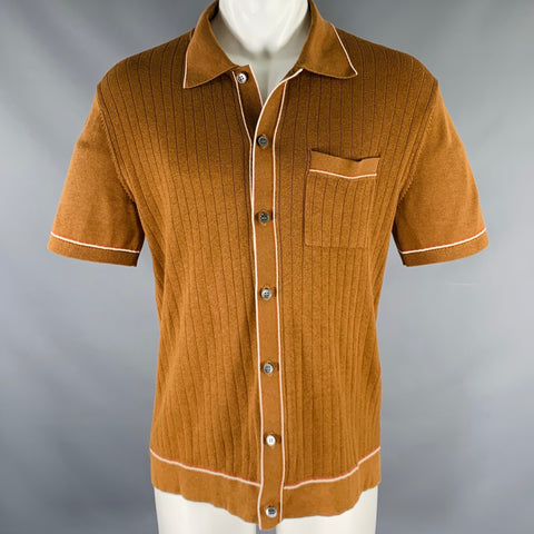 Chemise à manches courtes en maille de soie et coton avec bordure contrastante crème marron TODD SNYDER Taille M