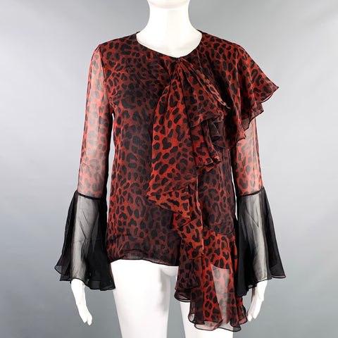 TOM FORD Size 4 Black Burgundy Silk Animal Print Ruffle Blouse