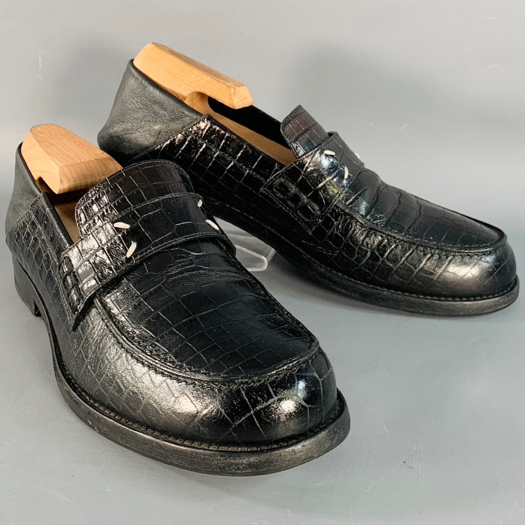 MAISON MARGIELA Size 10 Black Croc Embossed Leather Loafer Flats