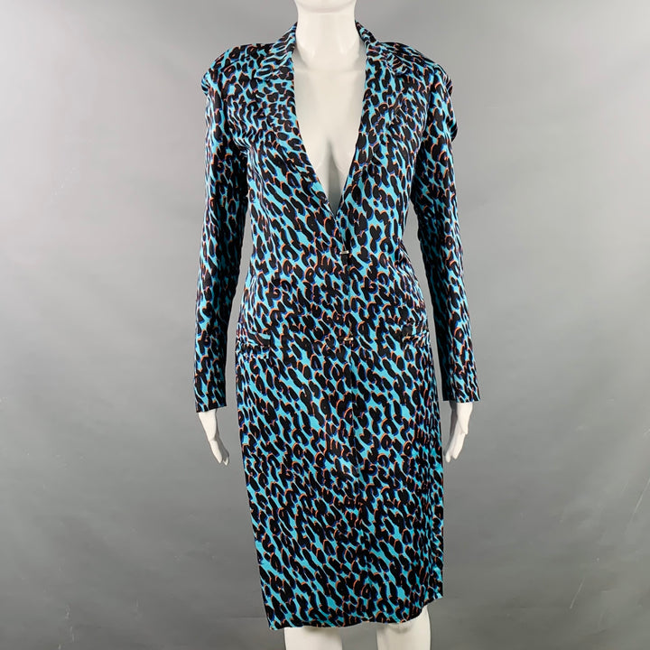 LANVIN Size M Blue Black Orange Silk Animal Print Hook Eye Closure Trenchcoat