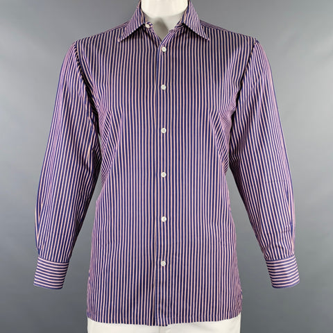 CHARVET Size L Navy Red Stripe Cotton Spread Collar Long Sleeve Shirt