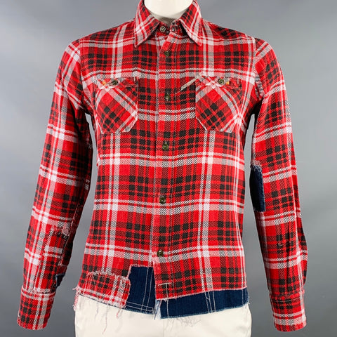 HOLLYWOOD TRADING CO Size L Red Black White Plaid Distressed Cotton Long Sleeve Shirt