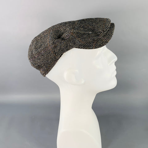 JOHNSTON & MURPHY Size 58 Black Grey Herringbone Wool Flat Cap Hat