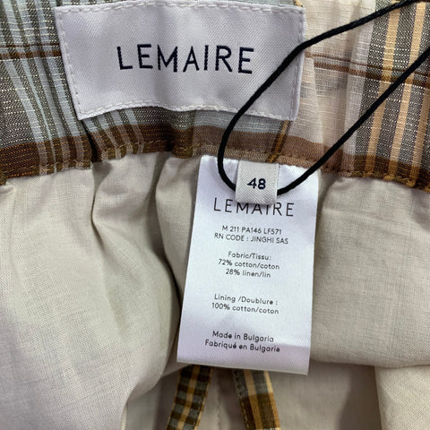 LEMAIRE Size 32 Brown Tan Plaid Cotton Linen Single Pleat Casual Pants