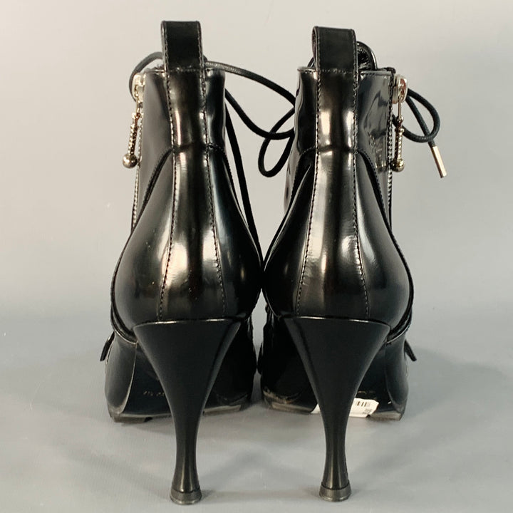 BALENCIAGA Size 7 Black Patent Leather Lace-Up Zipper Stiletto Boots