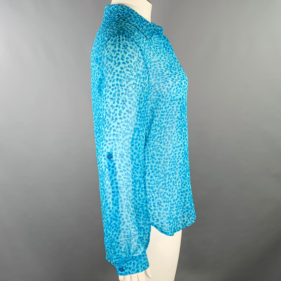DIANE VON FURSTENBERG Size 12 Aqua Blue Silk Abstract Hidden Buttons Shirt